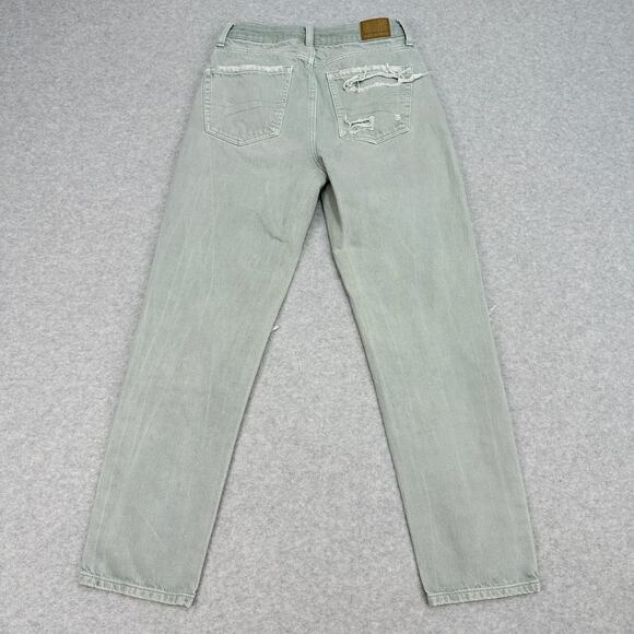 American Eagle Mom Jeans WMNS 2 Green Distressed Denim High Rise Zip Fly Ripped - Picture 5 of 12